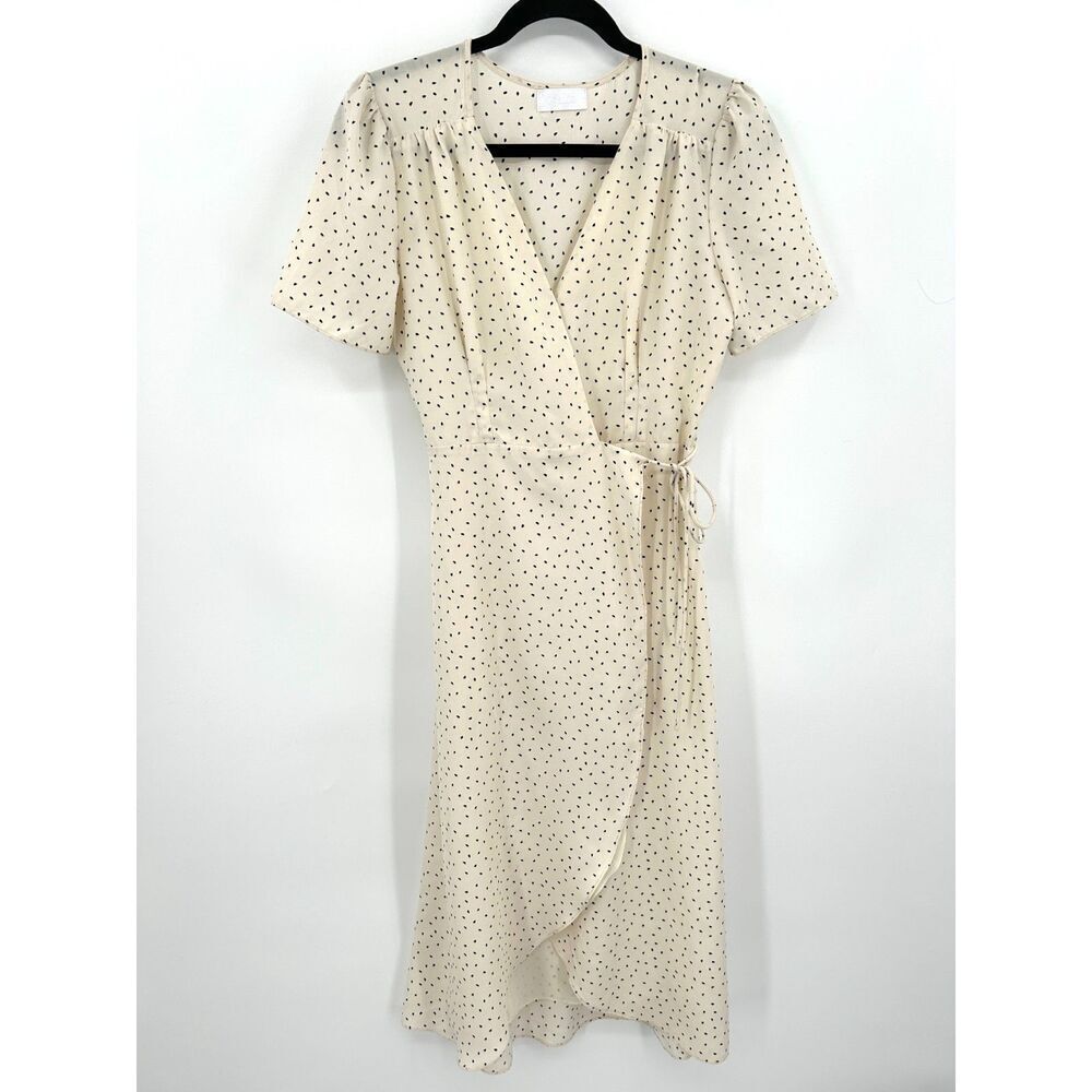 ISALIS Ivory White Black Spotted V-Neck Short Sleeve Midi Dress Size Small